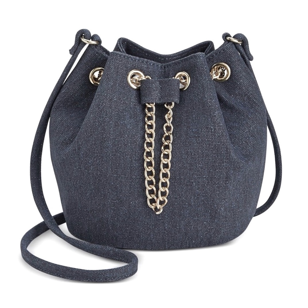 INC Denim Twill Mini Draw Chain Bucket Crossbody Shoulder Bag $70 NEW
